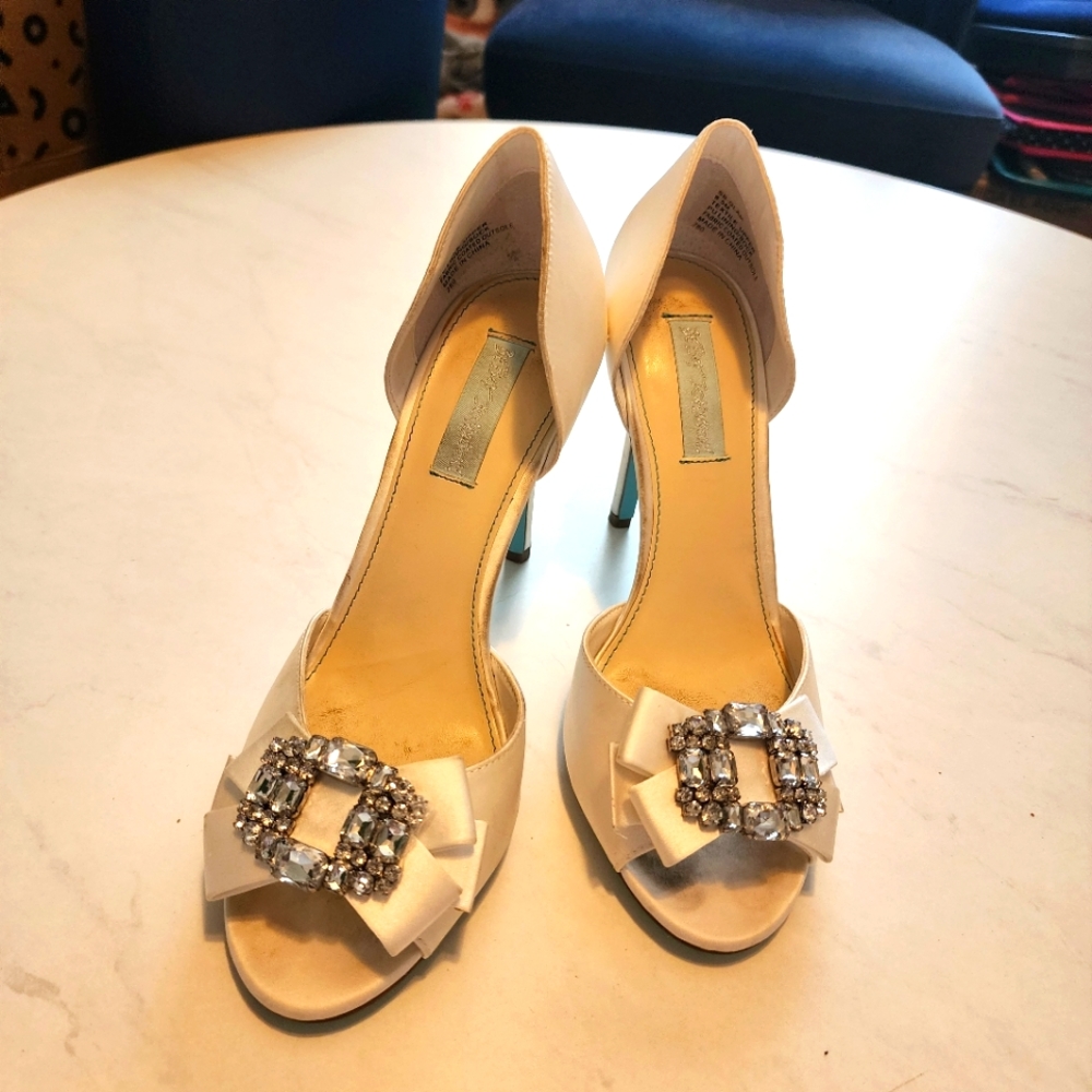 Betsey Johnson White Satin Rhinestone Pumps